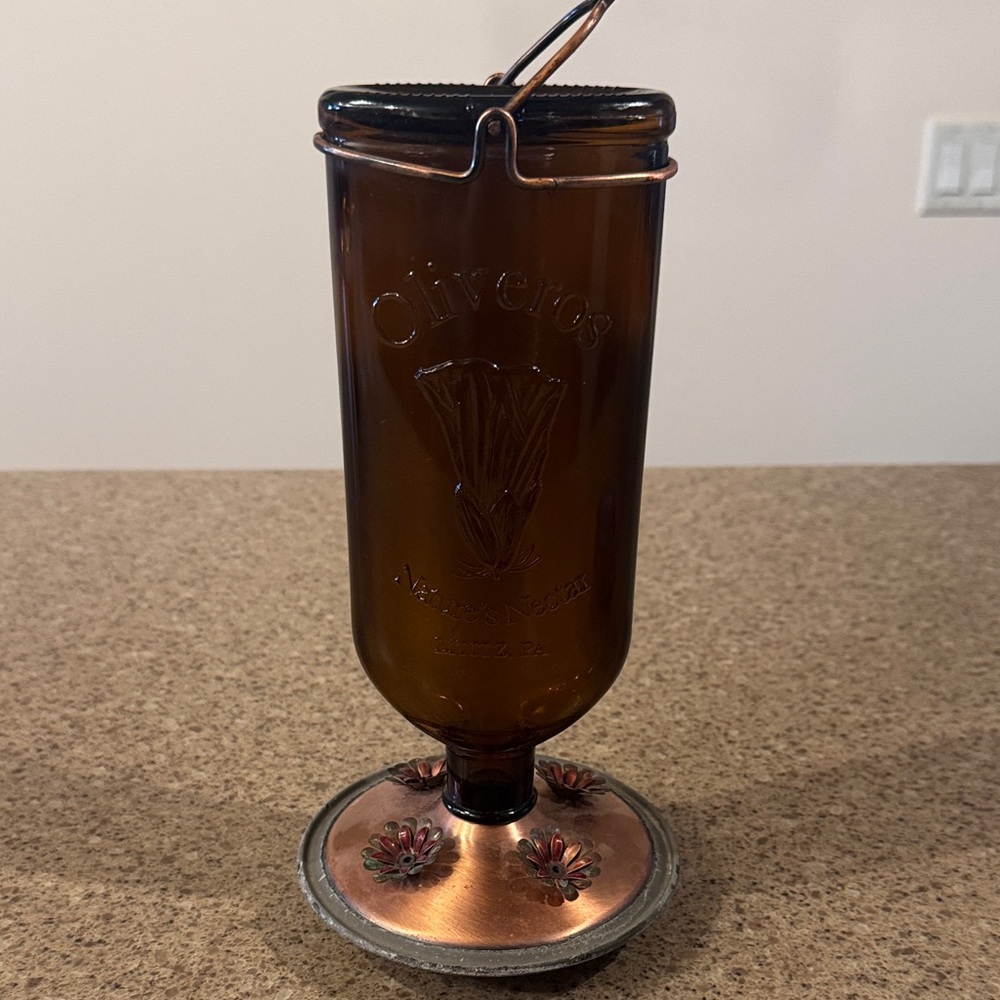 Olivers Amber Glass Hummingbird Feeder with Copper-Tone Base